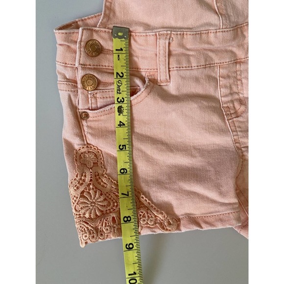 Justice Overalls Shorts Denim Lightly Distressed Peach Color buckles Girls 8 - Picture 8 of 13